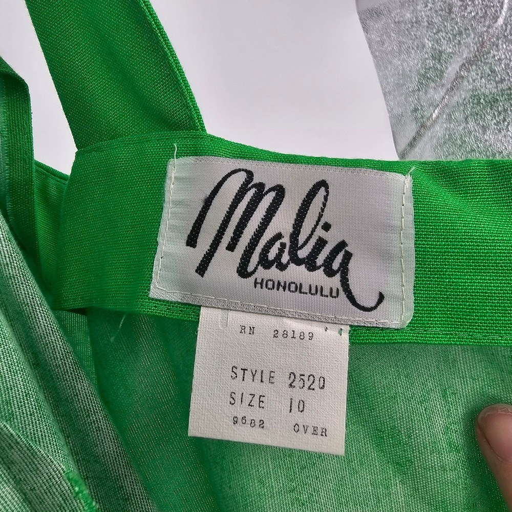 Vintage 60s Malia Honolulu Hawaiian Sundress 10 Green Tulip Border Belted Resort - Picture 7 of 15